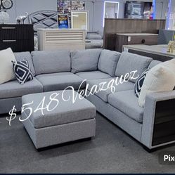 ✅️4 pc grey boucle fabric upholstered sectional sofa with storage arms and ottoman✅️✅️