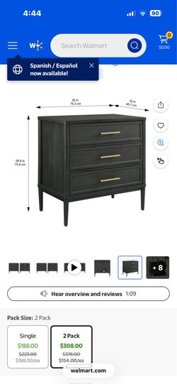 Two Better Homes & Gardens Oaklee oversized, three drawer, nightstand, charcoal.