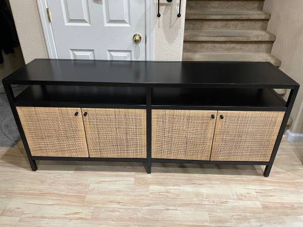 New 72 inch Black Wood Stand Natural Caned Door Console Table Buffet