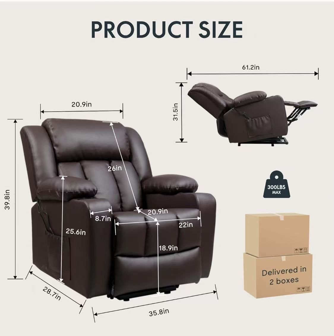 ✌️ Power Lift Up Recliner Chair for Elderly, PU Leather Reclining Sofa w/Cup Holders, Side Pockets for Living Room Bedroom, Medium Size,Brown