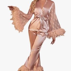 Gorgeous Pink Women 2 Pc. Pajama Set Satin Mesh Feathers Trim Silky Lounge Set M