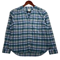 LL Bean Signature Button Up Flannel Shirt Womens S Plaid Collarless Outdoor