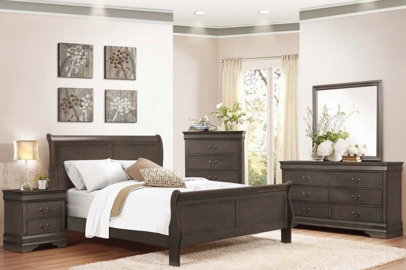 Brand new stained grey queen sleigh bedframe + dresser + mirror + nightstand