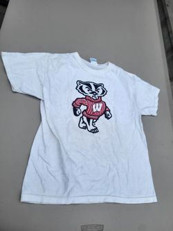 Lot 20 Boys lg Gildan Bucky Badger white ss tee, stained Lot 20