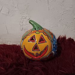 6 In Tall Mexican Handmade Terracotta Day Of The Dead Pumpkin Candle Holder