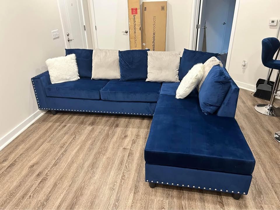 Brand New Blue Plush Velvet Upholstered L Shape Sectional Sofa | Pay After Delivery 