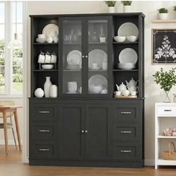 74.4''Hx63''W Large Kitchen Cabinet for Food Storage, Kitchen Hutch Cabinet with Storage, Glass Doors Tall Wine Bar Cabinet, Black