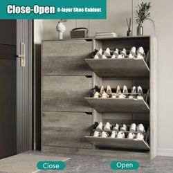 FANRAL 6 Flip Drawer 12 Tier Shoe Storage Cabinet,Wooden Shoe Rack Organizer,Hidden Shoe Storage Narrow Shoe Closet for Entryway,Gray