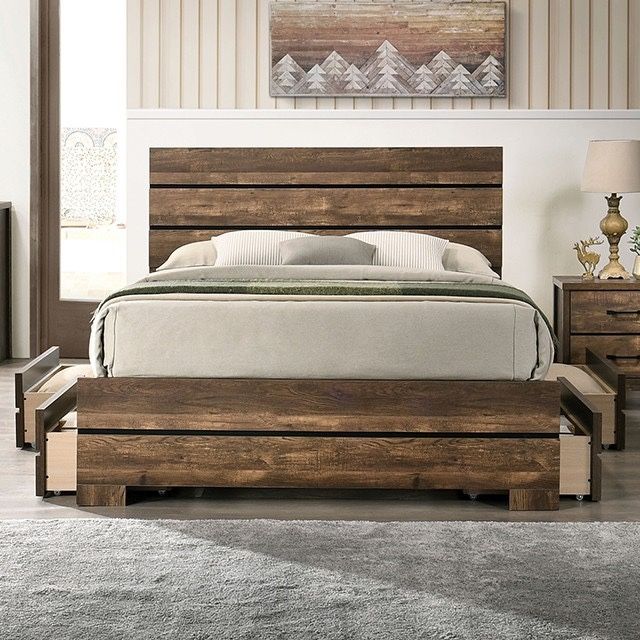 MODERN FARMHOUSE RUSTIC WALNUT FINISH FRAME CAMA CAJONES