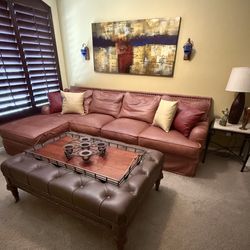 Imported Italian Leather Sectional, large Leather Ottoman With Tray On Top