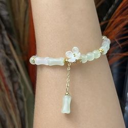 White light green White jade bamboo style flowers beads gold bracelet