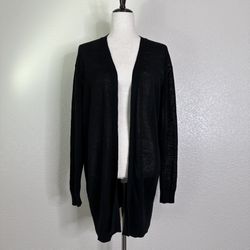 Ann Taylor Linen Blend Black Open Front Long Cardigan, Sz Medium