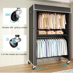 FUTASSI Black Clothing Rack with Black Cover, P1C Plus Rolling Closet with Wheels, Metal Garment Rack for Hanging Clothes, Clothing Storage Wardrobe, 