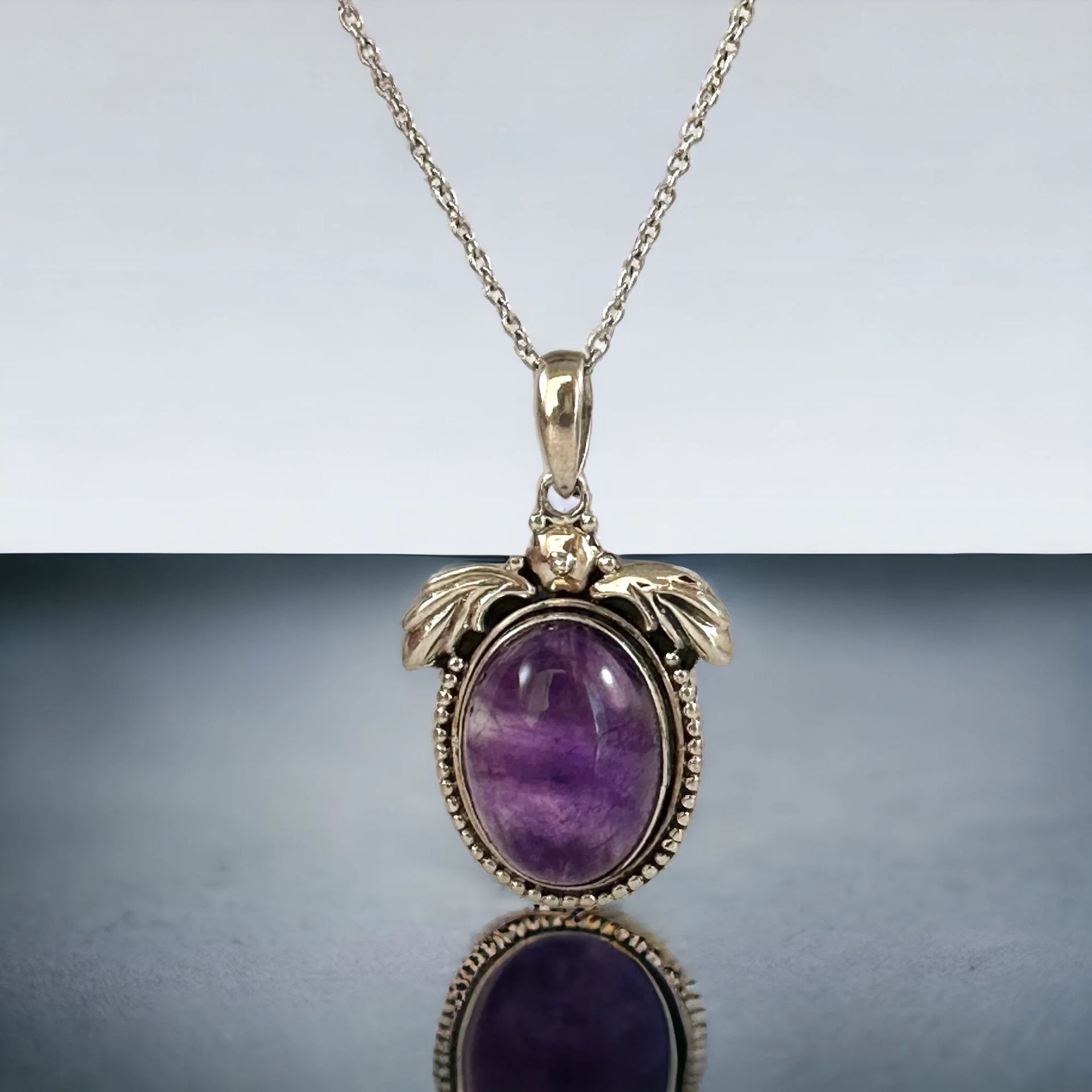 Natural Amethyst Cabochon Pendant in Sterling Silver
