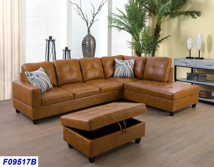 New Ginger Leather Sectional And Ottoman