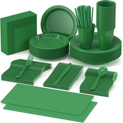 Party Supplies,Disposable Plates,Including Green Plasti Plates and Napkins,  Disposable Plastic Dinnerware Set  Wedding Birthday Party