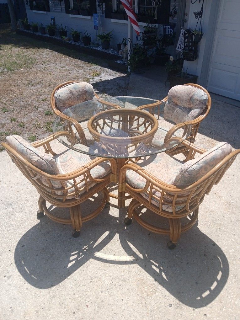 Natural Rattan Dining Set On Casters