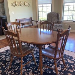 Solid Oak Kitchen Table With Two Leaves And Four Chairs 
