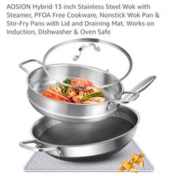 AOSION Hybrid 13 inch Stainless Steel Wok with Steamer, PFOA Free Cookware, Nonstick Wok Pan & Stir-Fry Pans with Lid and Draining Mat, Works on Induc