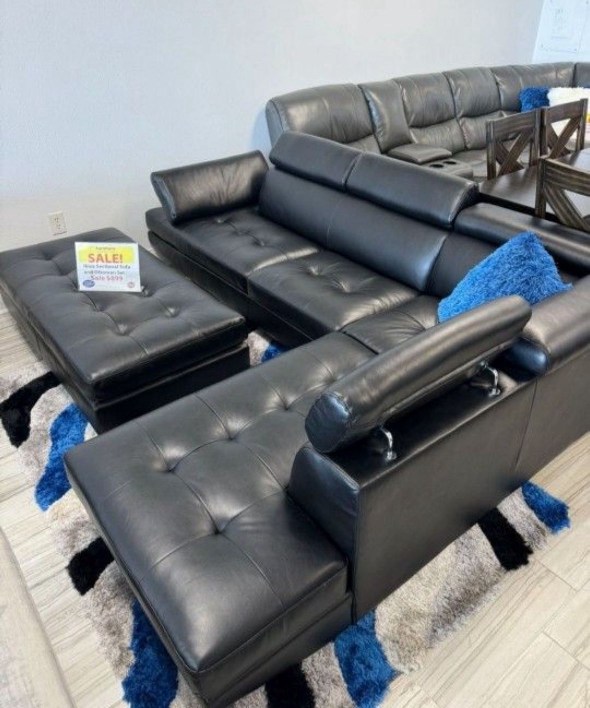 Going out of business sale. Ibiza black sectional with ottoman set now $899. Easy finance option. Same day delivery.