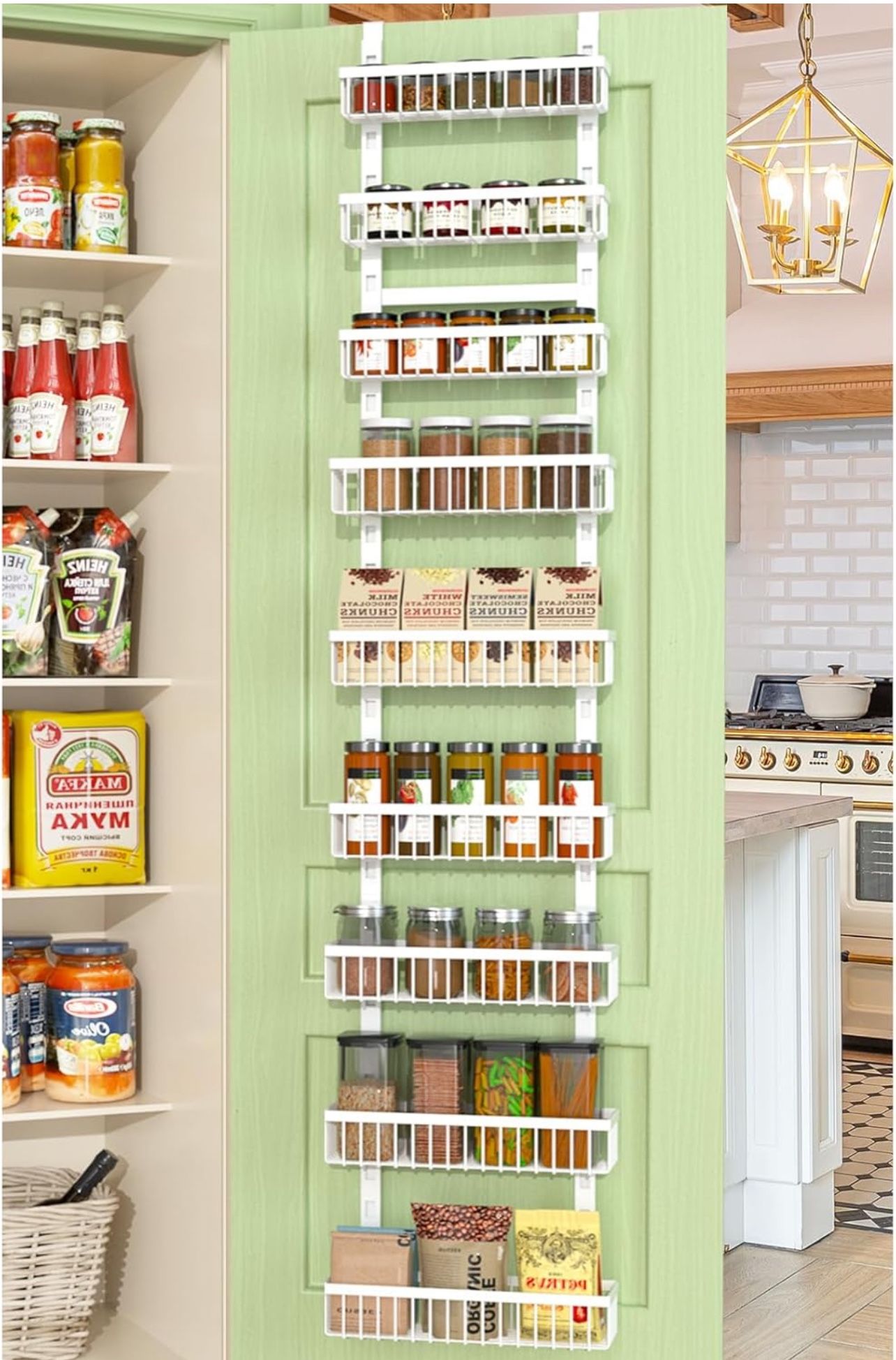 Over the Door Pantry Organizer 9 Tier Metal Narrow Door Pantry Spice Rack with Height Adjustable Baskets Pantry Storage 14.8" W x 77" H for Kitchen, B