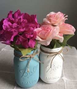 Distressed mason jar vases with silk flowers $10 for both