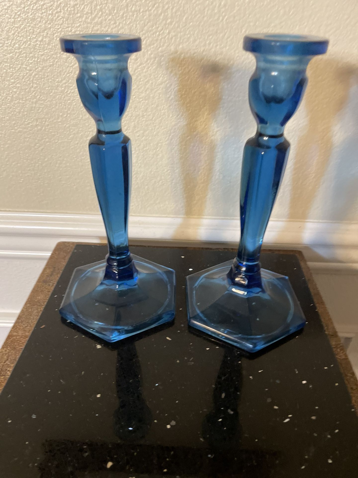 Vintage Pair 8.5” Blue Candlestick Holders