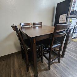 Dark Wood Tall Dining Table + 4 Chairs – Like New