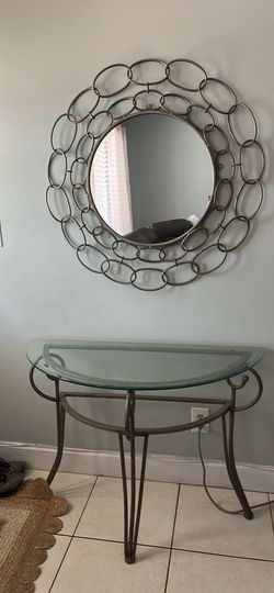 Iron and glass entry table and mirror