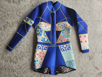 🔥 Womens Small Medium Long Sleeve Shorty Wetsuit Neoprene Surf Surfing Surfboard Swim Spring Suit Mosaic Pattern Beach Ocean Summer Paddleboard Snork