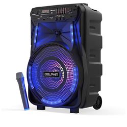 Dolphin 12-Inch Rechargeable Bluetooth Party Speaker – High Power Sound, TWS Compatibility, LED Lights, 5-Band Equalizer, Portable Design with Trolley