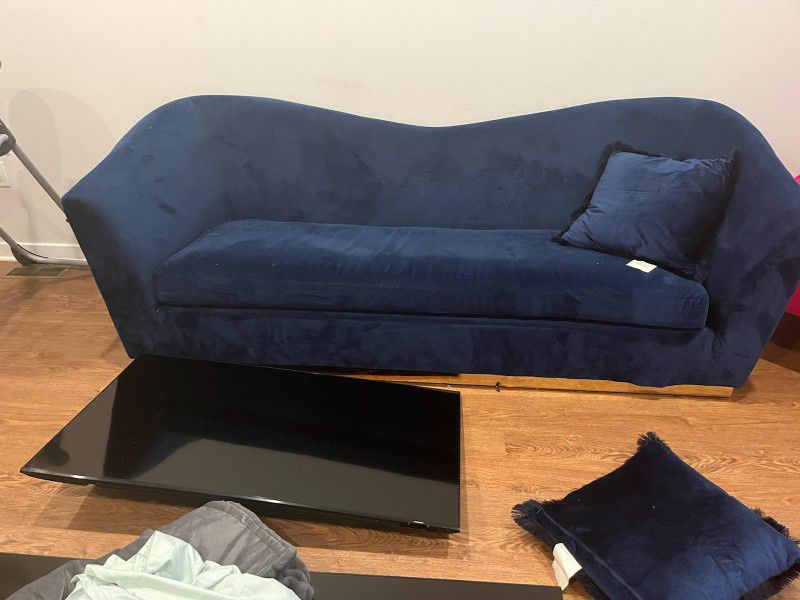Blue Ultra Suede Couch/ 28" H x 85" x W x 25" D