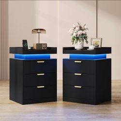 LED Nightstand Set of 2 with Charging Station & USB Ports, 3-Drawer Bedside Table with Adjustable RGB LED Lights, High-Gloss Modern Nightstands for Be