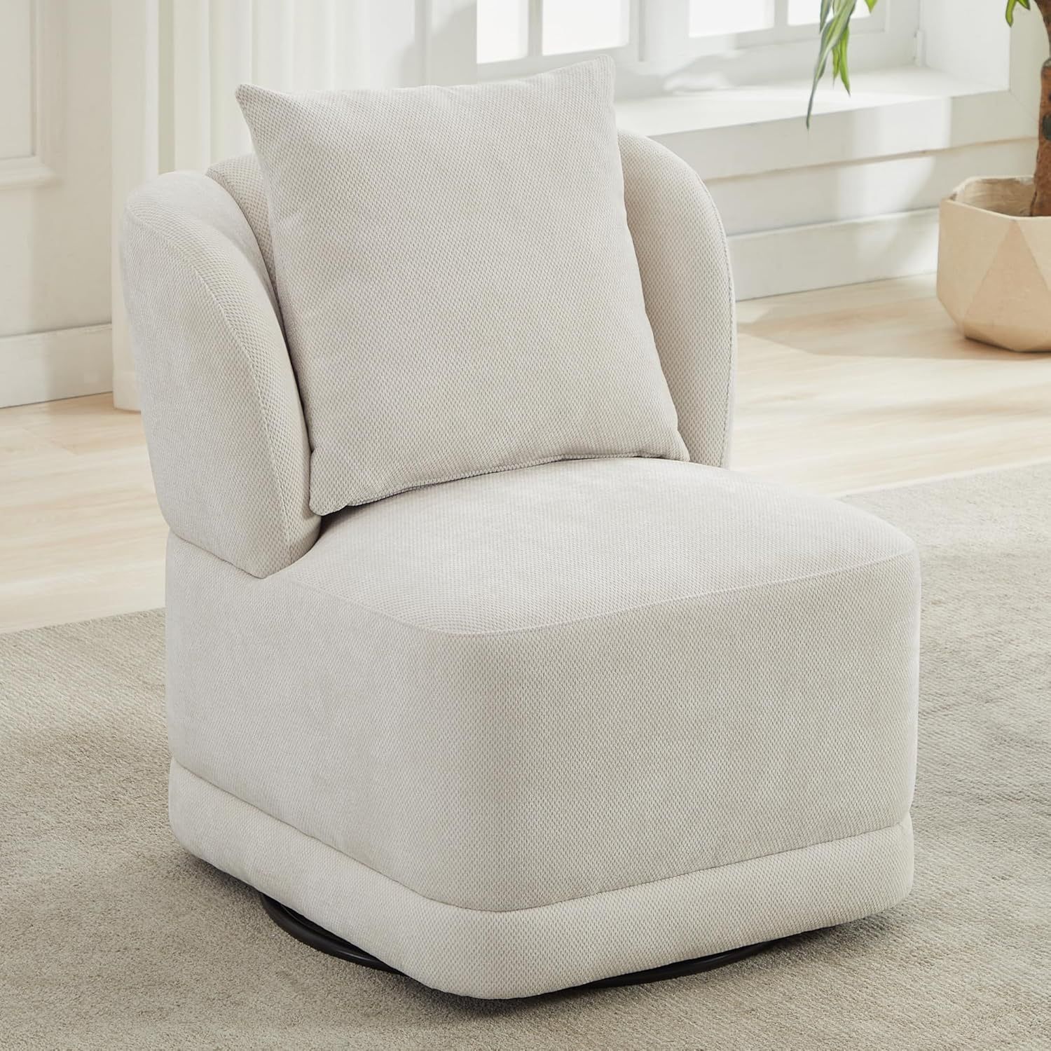 360° Swivel Accent Chair with Square Back Pillow,Modern Soft Chenille Fabric - Pearl Cloud White