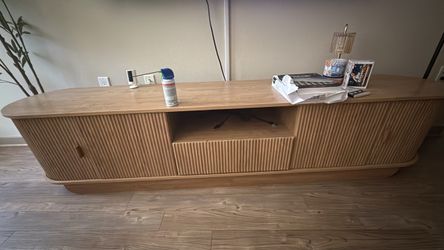 87in Modern Wood TV Stand with Fluted Doors