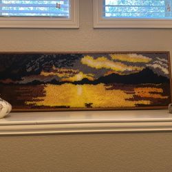 Vintage Mid Century 70s Shag Rug Wall Hanging Tapestry Sun Mountains Boho 