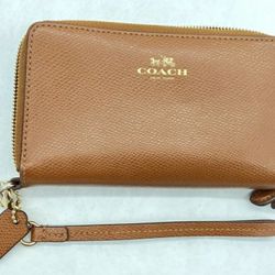 Coach Brown Pebble Leather Zip Around Phone Wallet Wristlet