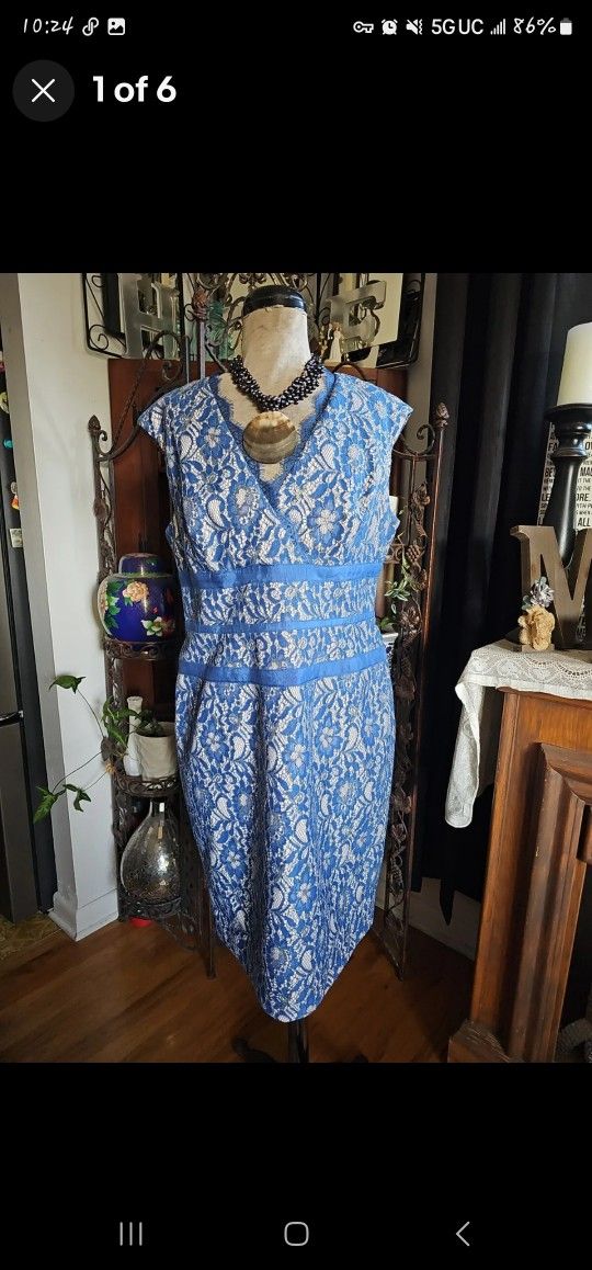 Simply Liliana Dress Cocktail Lace Light Blue Gold Lace Woman's Size 16 Party