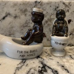 Set of 2 Japan Vintage Americana Porcelain Ashtray Baby on BedPan and Potty