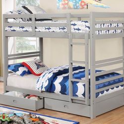 Brand New Grey Twin Size Bunk Bed w Trundle Drawers