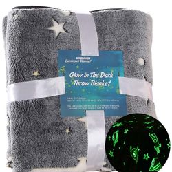 Glow in The Dark Throw Blanket Kids Shining Blanket Galaxy Stars Moon Pattern Flannel Fleece Blanket Super Soft Luminous Couch Sofa Bed Nap Blanket fo
