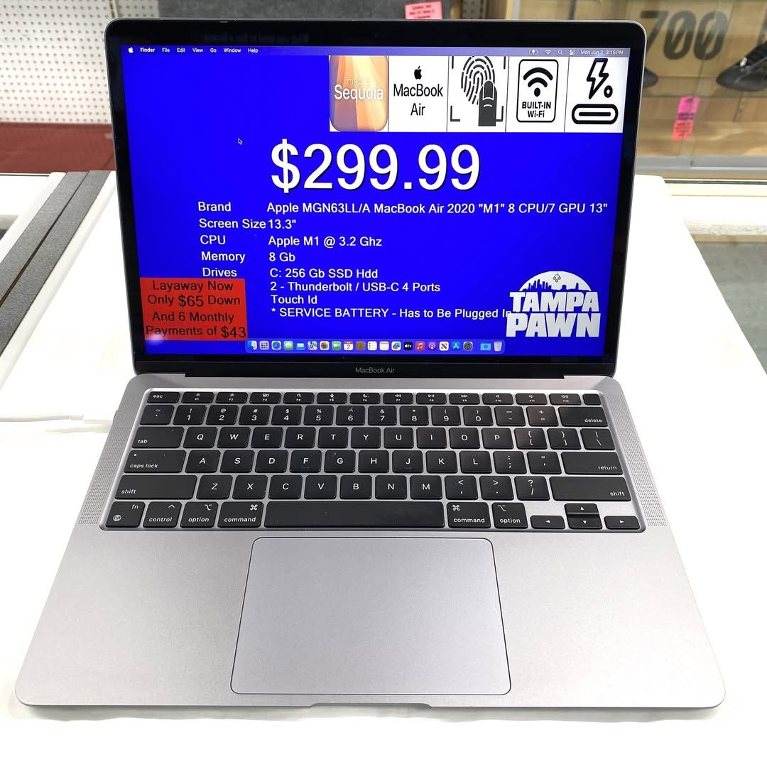 Apple MGN63LL/A MacBook Air 2020 "M1" 8 CPU/7 GPU 13" macOs Sequoia Apple M1 @ 3.2 Ghz, 8 Gb, 256 Gb SSD Hdd with Charger * Service Bat TPW011498