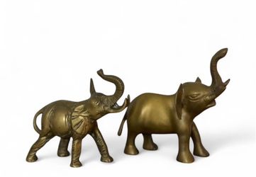 2 Vintage Solid Brass Elephant Statue Figurine Trunk Up Good Luck