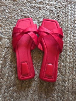 Red Satin Crossover Flat Slide Sandals