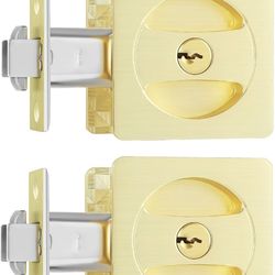 Leydebong Pack of 2 Gold Pocket Door Lock with Keys Square Pocket Door Hardware
