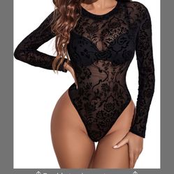 Avidlove Black Bodysuit Women Floral Print Long Sleeve Bodysuit Crew Neck Mesh Body Suit Tops(Small)