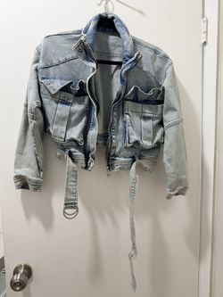 Cropped Light Wash Denim Cargo Jacket