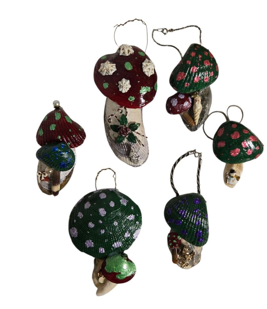 set of six hand crafted mushroom christmas ornaments