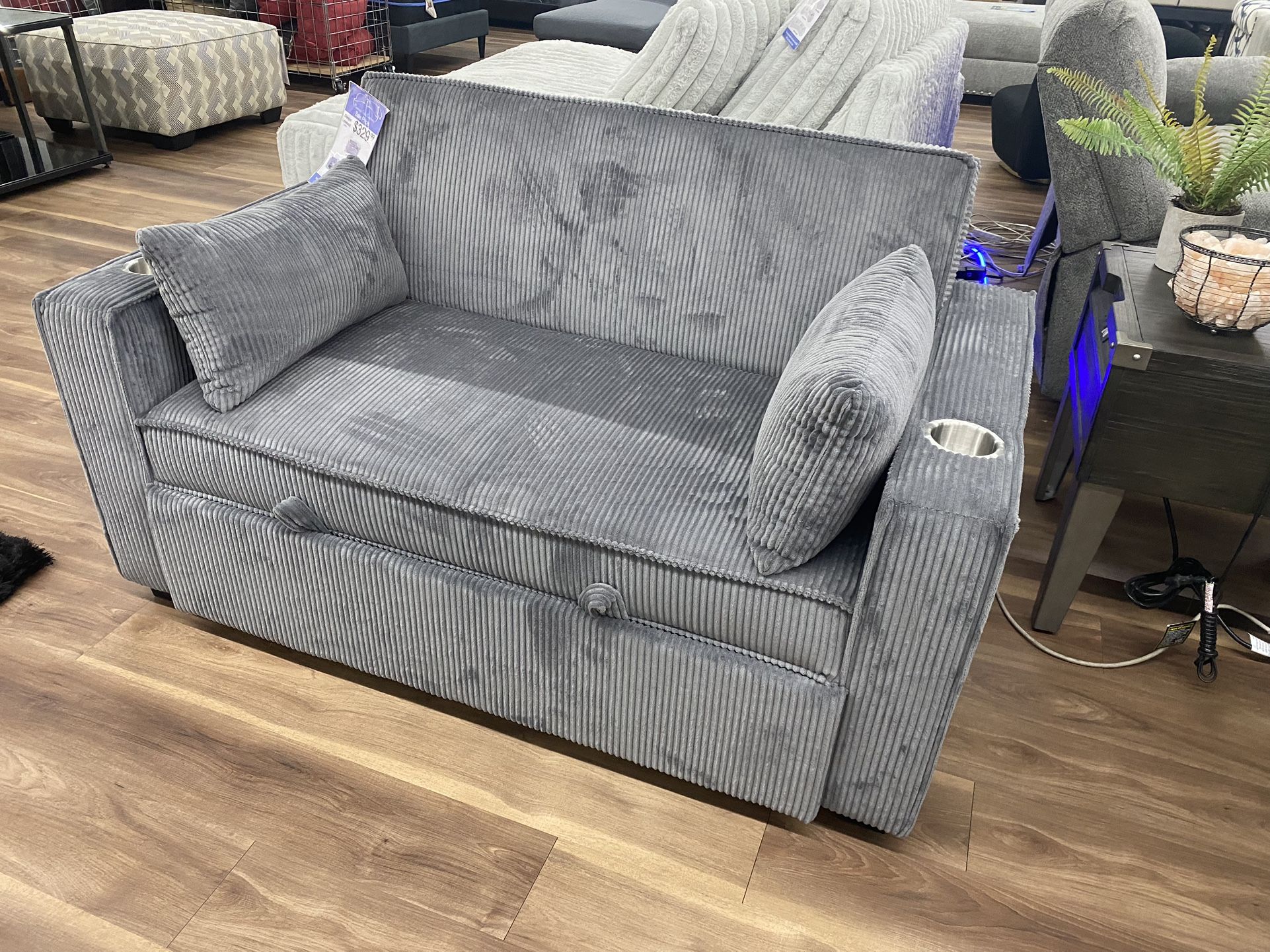 New Gray Love Seat Couch With Pull Out Pop Up Sleeper Bed