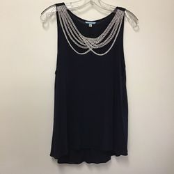 Women’s LEIFNOTES (Anthropologie) 100% viscose navy blue sleeveless top w/braided neckline....small